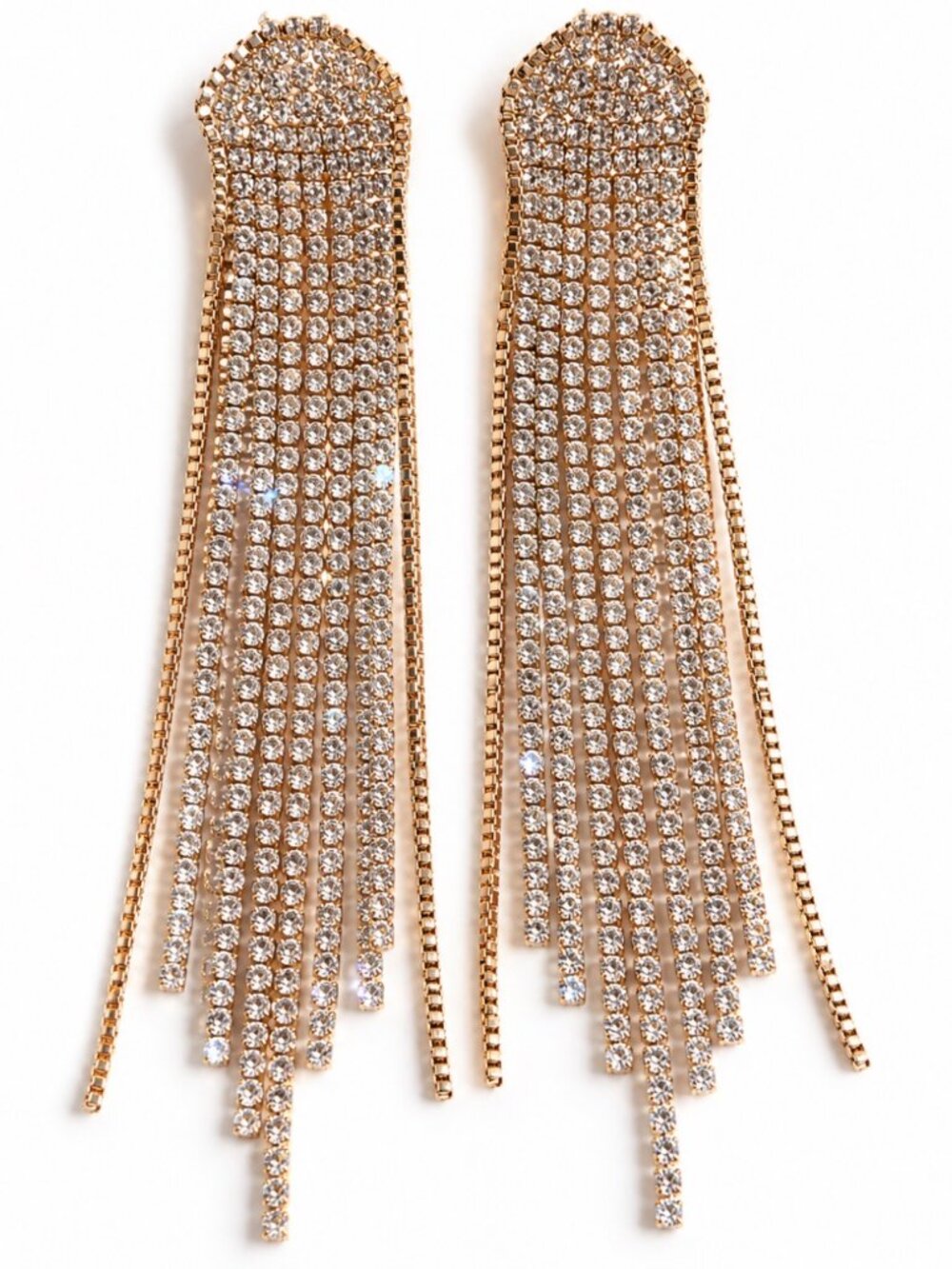 Gold Rhinestone Fringe Statement Earrings Bridal Wedding Glam